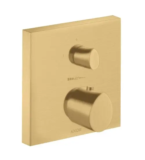 Thermostat in gebürstetem Gold mit zwei runden Reglern auf flacher quadratischer Plakette. Markenlogo "AXOR" sichtbar. Verwendung in Sanitäranlagen möglich.